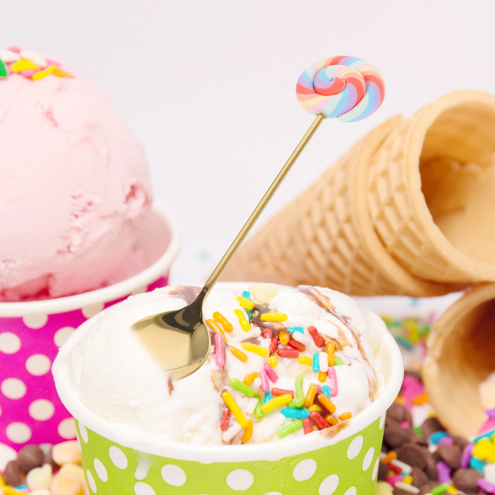 

Lollipop Spoons Stainless Steel Ice Cream Forks Scoops Dessert Spoons Portable Adorable Forks Smooth Edge Easy Cleaning