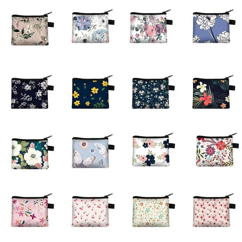 Dompet Koin Motif Bunga Tempat Kartu Dompet Kecil Ritsleting Wanita Tas Uang Koin Clutch Tas Kartu Kredit Bisnis Kantung Tas Lipstik