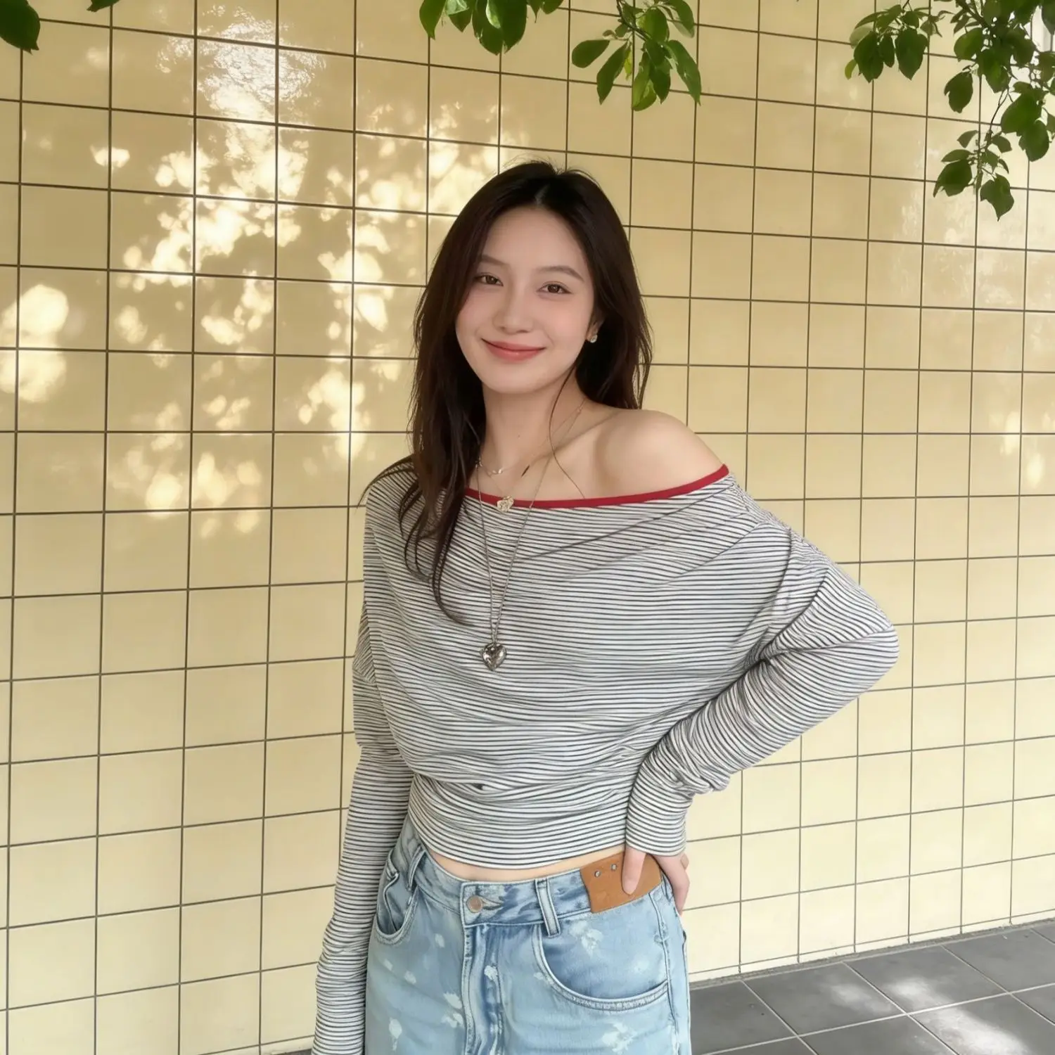 Kimutomo 2026 New Color Block Striped Off Shoulder Long Sleeve T-Shirt Women Slim Fit Slimming Top Casual Office Wear