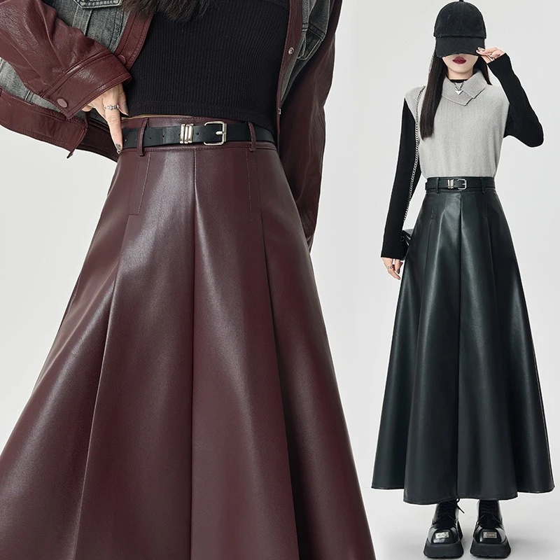 الخريف الشتاء عالية الخصر الأسود بولي Leather جلد المرأة مظلة تنورة طويلة مع مربوط 2025 جديد خمر مستقيم ألف خط التنانير الإناث