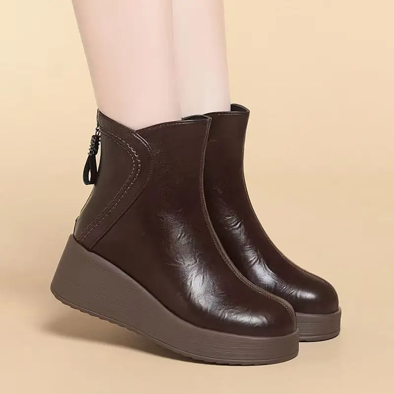 

Women Genuine Leather Wedges Ankle Cotton Boots Winter New High Quality Thick Sole Round Toe Thicken Plush Keep Warm Snow Boots