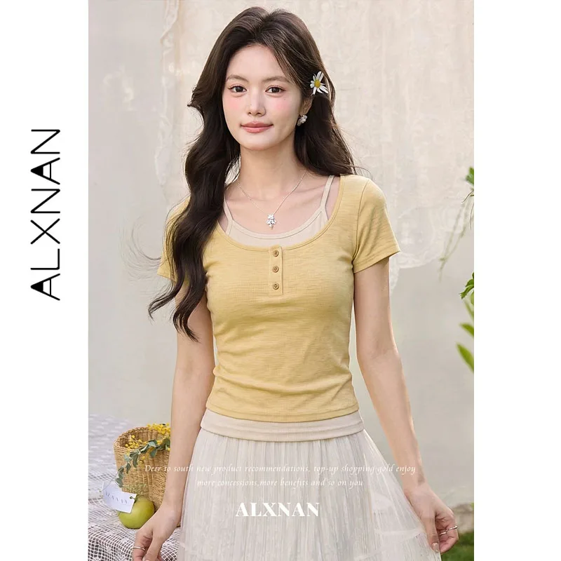 

ALXNAN Yellow T-shirts Women 2026 Summer Slim-fit Mock Two-piece Short Sleeve T-shirt Fashion Elegant Casual Top Ladies L657110A