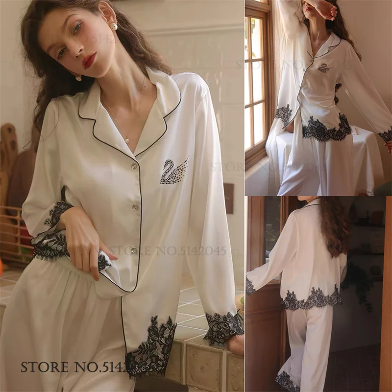 

Женский пижамный комплект с лебедем из страз, домашняя одежда во французском стиле, пижама с длинным рукавом, свободный повседневный комплект для сна