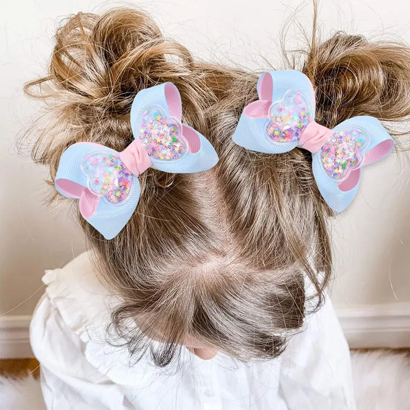 2Pcs Glitter Hairpin For Girls Boutique Ribbon Bowknot Hair Clips Kids Hair Accessories Handmade Sweet Barrettes Headwear