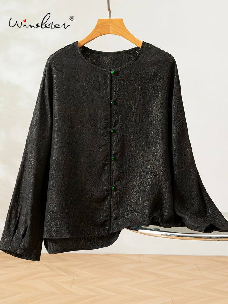 

Winsleter-100% Элегантная рубашка из натурального шелка и крепа, жаккардовая рубашка с круглым вырезом, женская модная дышащая свободная блузка, зима 2025 T5N575CC