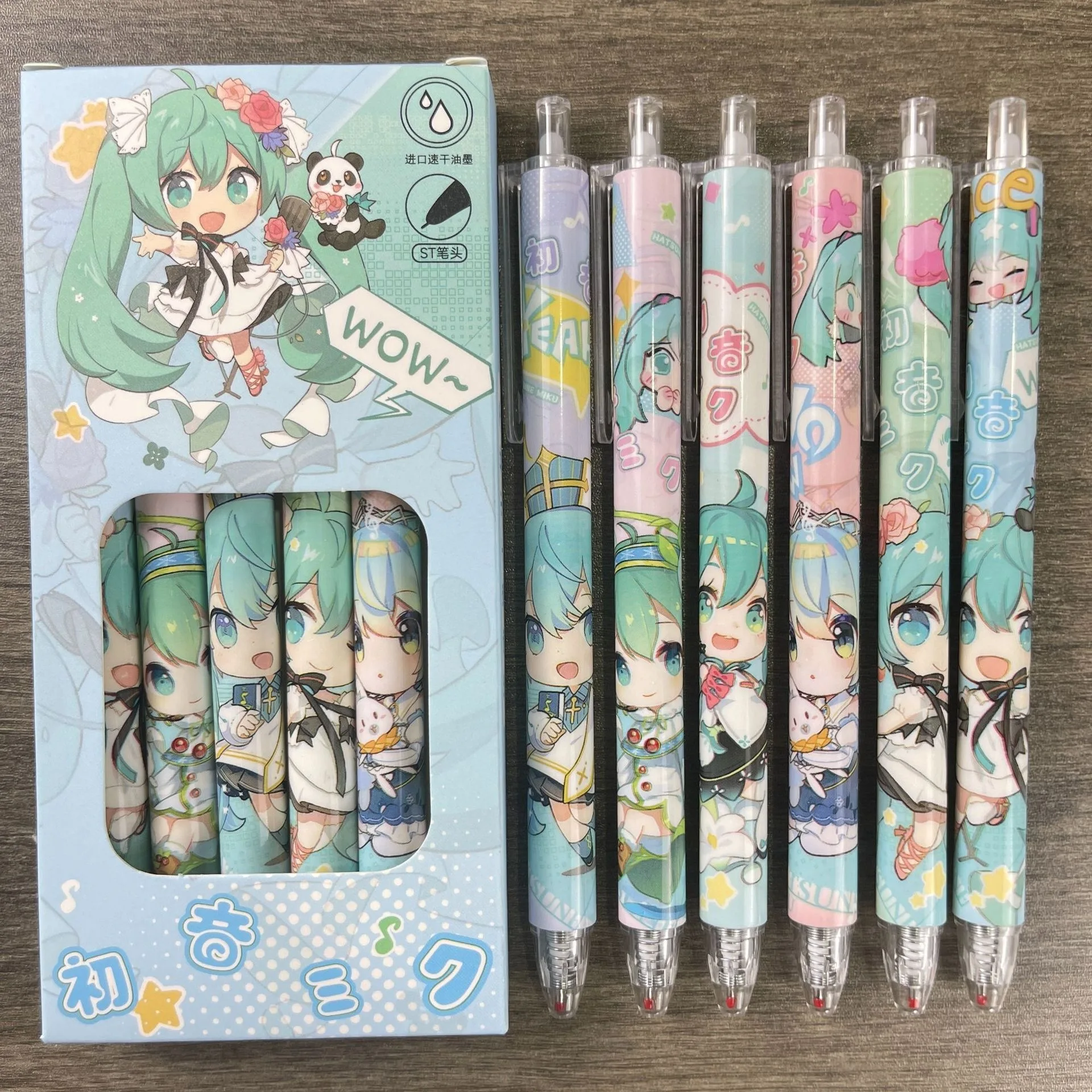 6pcs For Miku Anime Peripheral 0.5mm Black Neutral Pen Kawaii Creative Quick-drying Plastic Press Gel Pen Cartoon Peripheral Gif