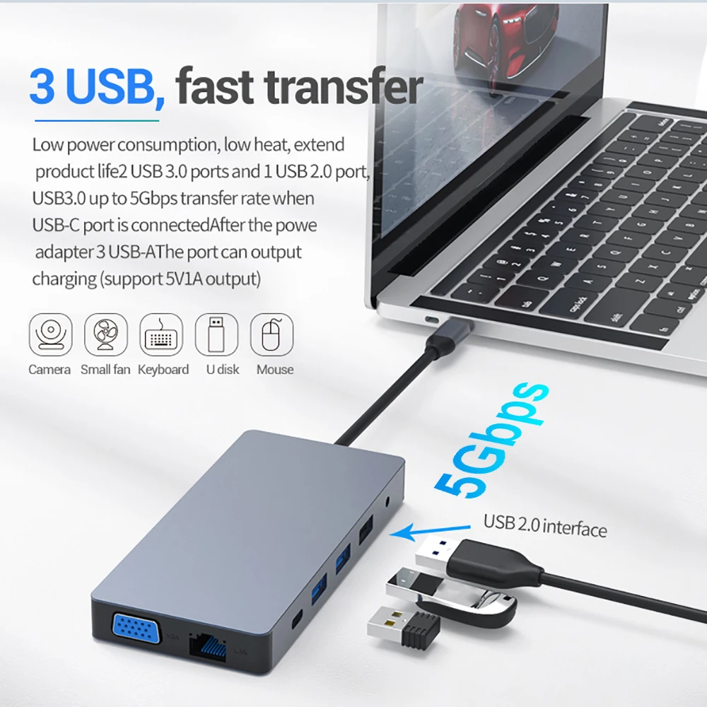 محطة إرساء USB C ، محور HDMI مزدوج ، 4K ، 60Hz ، نوع C إلى 1000M ، RJ45 ، PD 100W ، USB 3.0 ، محول للكمبيوتر المحمول ، ماك بوك اير برو