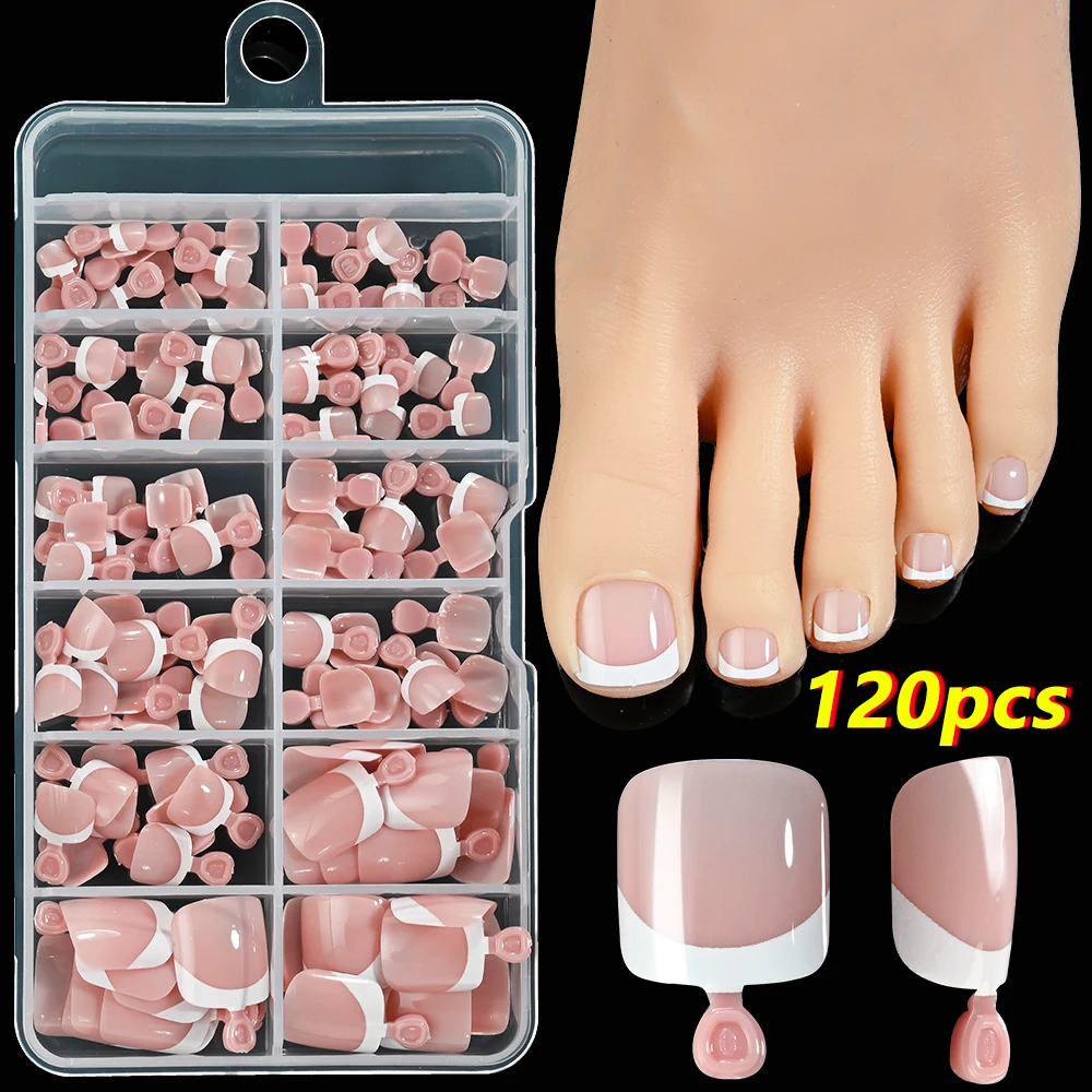 120 Stück/Box Französische Spitze zum Aufdrücken von Zehennägeln, rosa Farbsystem, quadratische Fußnägel, kurze Länge, glänzende Oberfläche, falsches Zehennägel-Set
