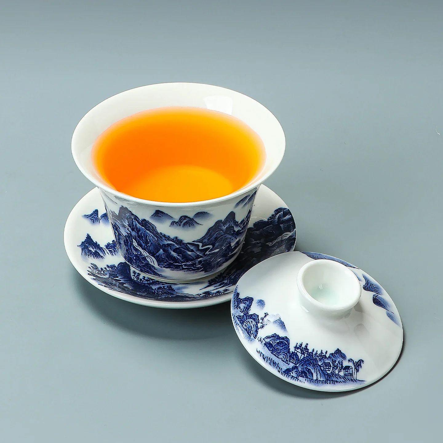 Jingdezhen Blue White Thousand Miles Landscape Sancai Gaiwan Hoverable Lid Porcelain Tea Bowl Kung Fu Tea Set Gift
