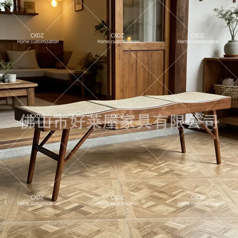 Rattan Solid Wood Bench Retro Style Bedroom Bedside Stool Living Room Entrance Multi Functional Shoe Changing Stool Small