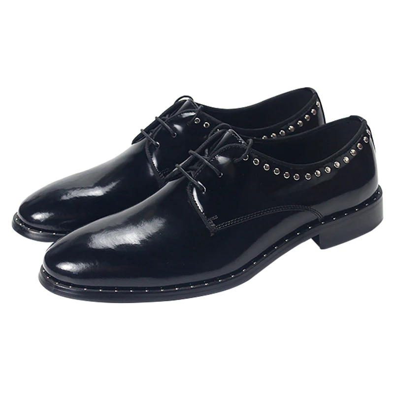 Fashion Metal Studded Edge Formal Oxfords Rounded Toe Lightweight Flat Sole Versatile for Street Office Wear Men Leather Shoes