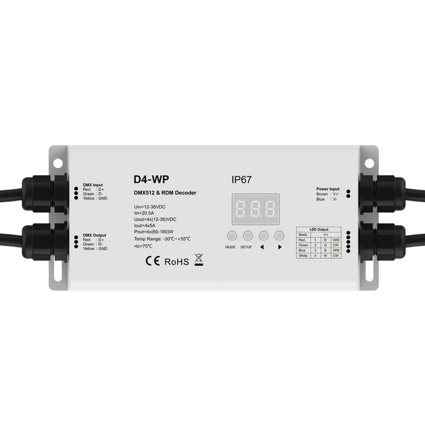 DMX512 RGBW Controller 4 Channel Waterproof IP67 DC 12V 24V 20A Digital Numeric Display DMX 512 RDM Decoder D4-WP for LED Strip