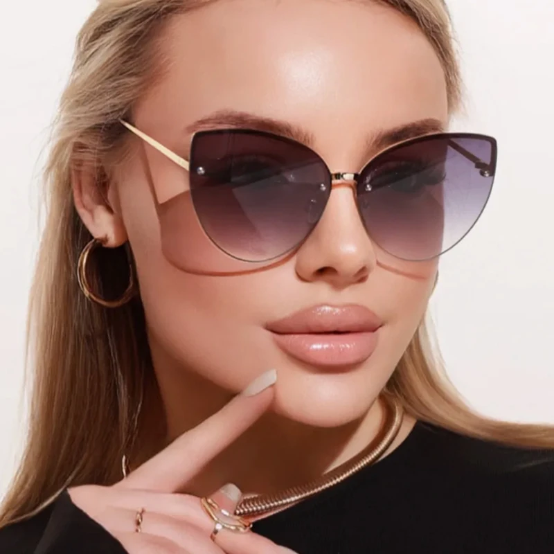 

2pcs Female Frameless Large Cat Eye Sunglasses Gradient Lens Sun Glasses Trendy Metal Frame Eyeglasses Women Shades Men UV400