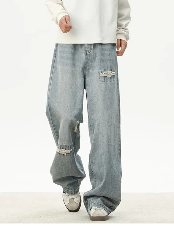 

Мужские джинсы синего цвета с эффектом потертости, прямые, длинные, рваные, в американском ретро-стиле, повседневные брюки для молодежи, весна-осень, новинка