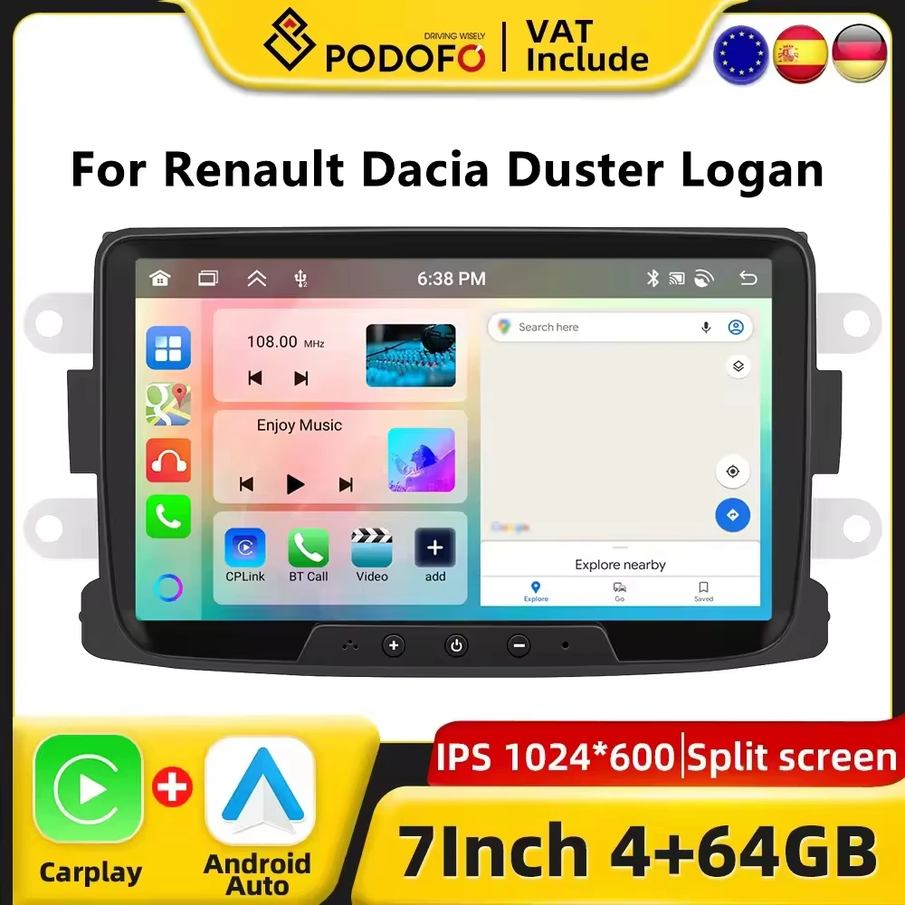 Radio con sistema Android para coche Podofo de 7 pulgadas, CarPlay, para Renault Dacia Duster Logan Sandero 2012-2015, sistema inteligente para coche, receptor estéreo GPS 2din, unidad principal para salpicadero, RDS, WiFi, Autoradio
