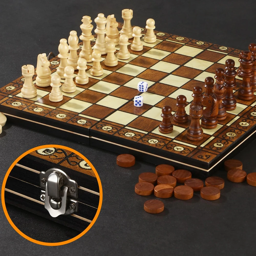 Jeu d'échecs magnétique 3-en-1, en bois, 29 x 29 cm, jeu d'échecs magnétique pliable, échecs pour enfants, adapté aux fêtes, aux activités familiales