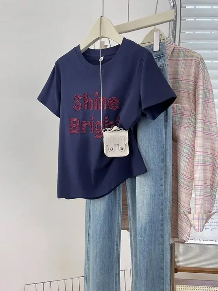 Laid-back Grid Letter Embroidery Design Casual Summer Top Women's Fashion Loose Fit round Neck Short Sleeve Cotton Blend