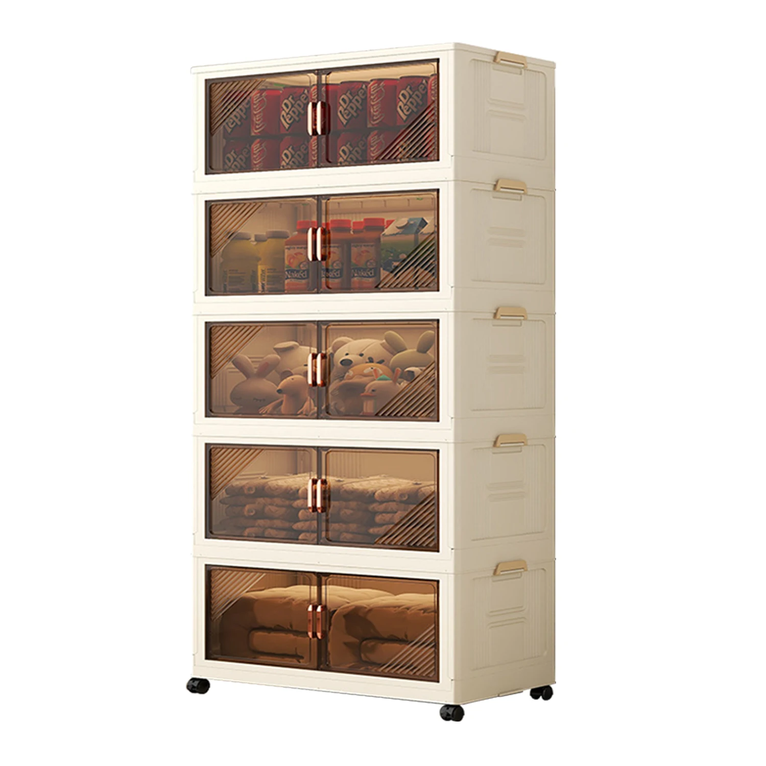 Mueble de almacenaje plegable-5 compartimentos-puerta transparente-con ruedas