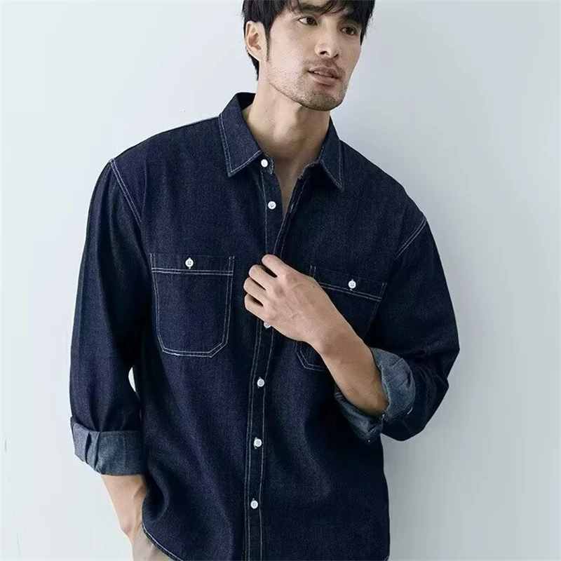 Men's Loose Fit Denim Shirt, Vintage Wash Two Pocket Casual Top, Streetwear Designer Jeans Shirt , Trendy Oversized Blue