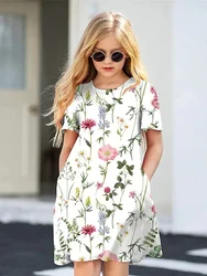 Summer print girls off-the-shoulder round neck fashion dress hot sale