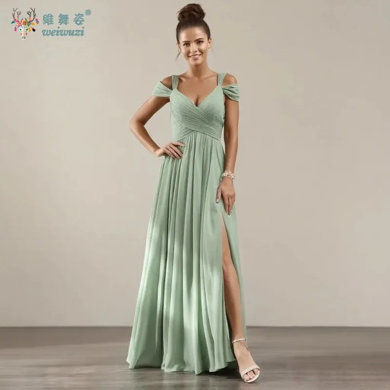 

A Line Chiffon Slit Sashes Elegant Off Shoulder Bridesmaid Floor Length Dresses Wedding Party Evening Formal Prom Dresses