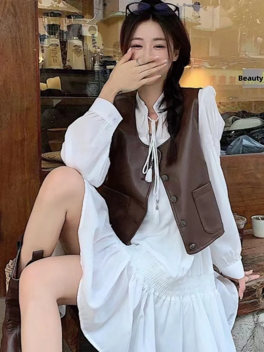 

Жилет из искусственной кожи в стиле ретро, женская верхняя одежда ort Svel, модный дизайн, круглый жилет на одной пуговице