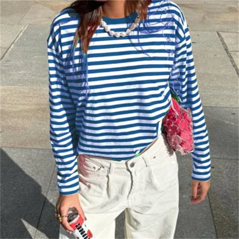 Kobiety Teen Girls Fairy Grunge Tops Clothes Y2k Striped Long Sleeve Fit Crop Tops Baby Tee Fall Vintage Streetwear T-Shirt