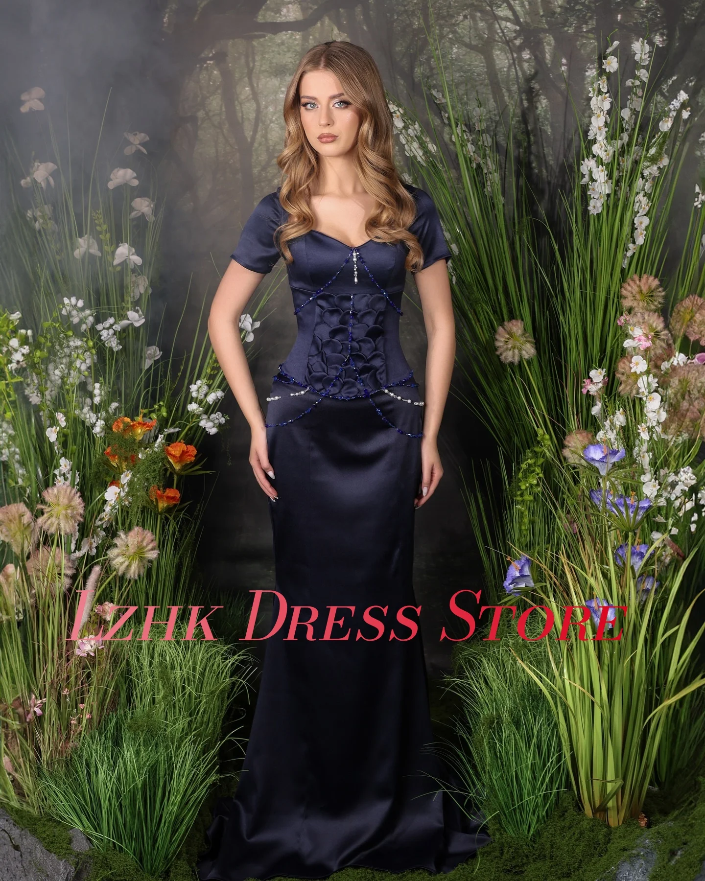 カスタマイズされた繊細なサテンマーメイドクリスタルスパンコールビーズ真珠イブニングドレスファッション半袖 V ネックフロアレングス