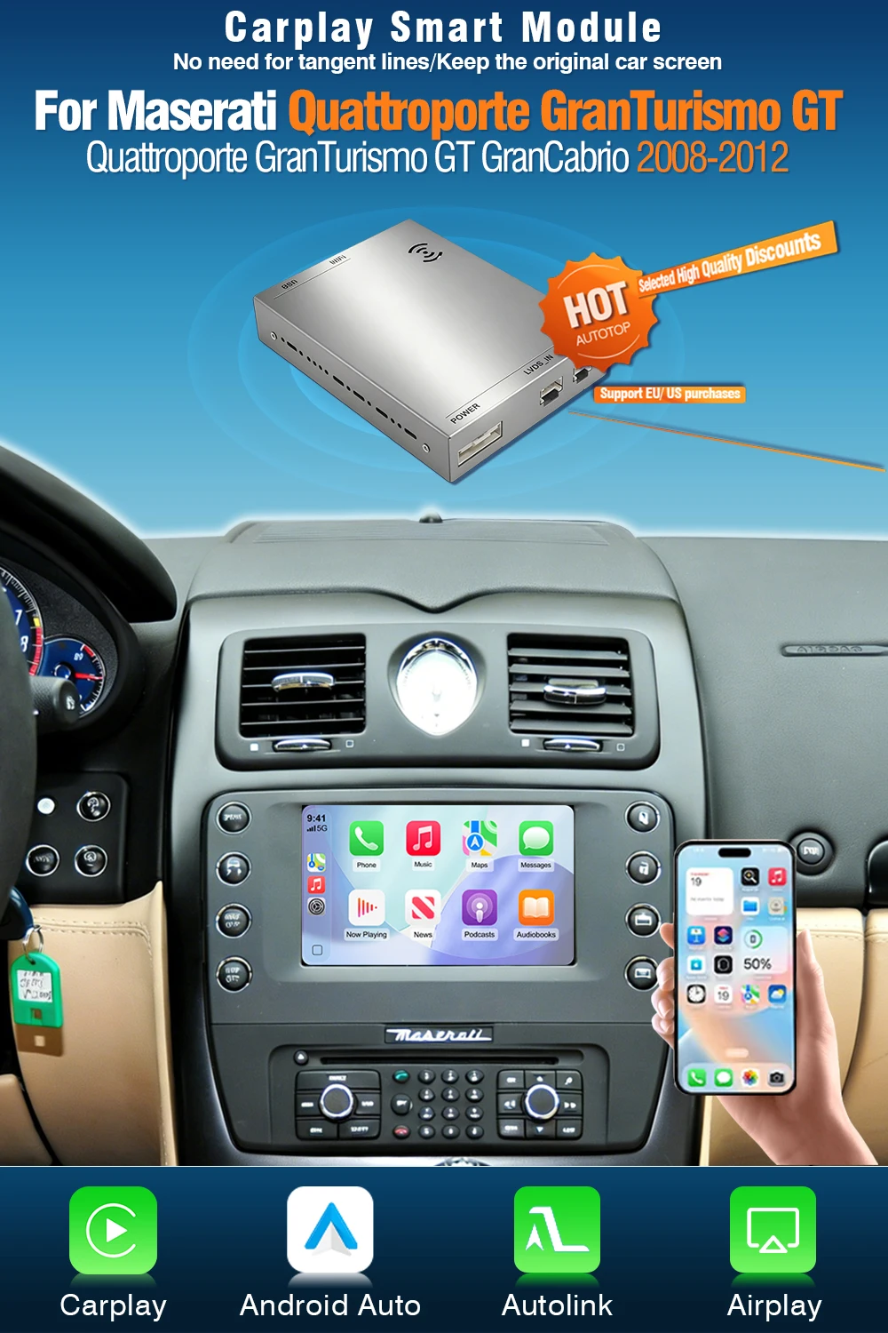 AUTOTOP Kabelloses Android Auto Carplay für Maserati Quattroporte GranTurismo GT GranCabrio Mirror Link GPS-Navigation Auto-Modul – Detail 2