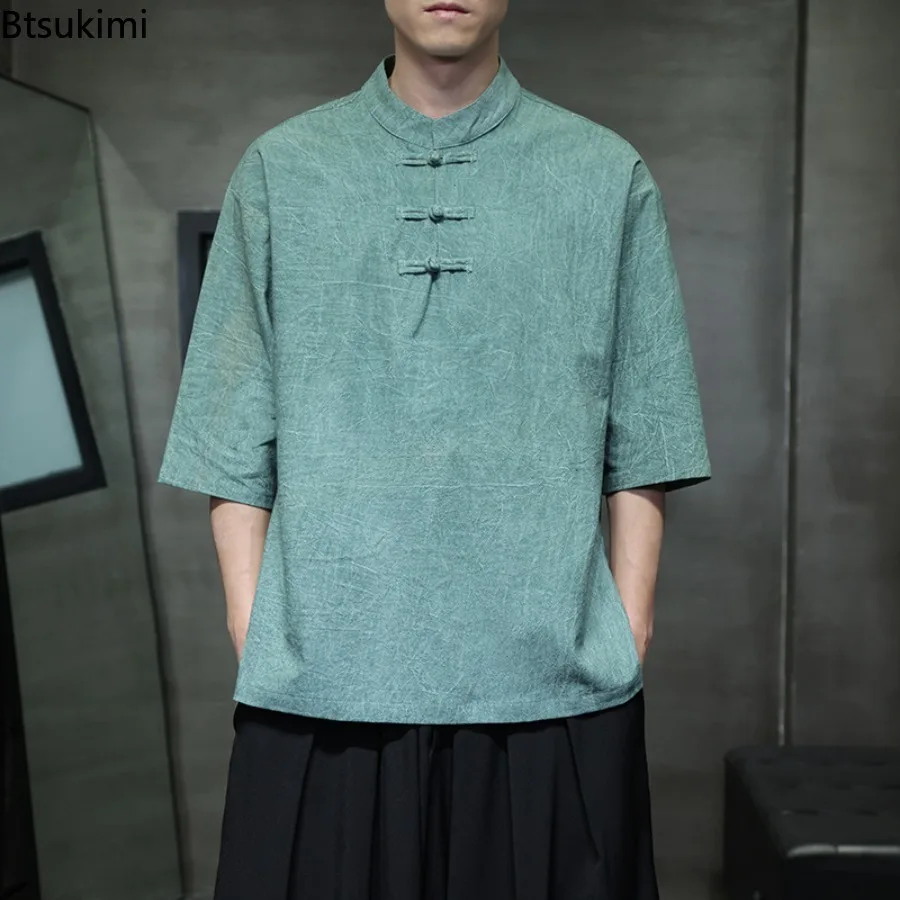Chinese Style Shirts Men's Summer Solid Stand Collar Casual Short Sleeve T-shirts Vintage Cotton Linen Pullover Tops Male Hanfu