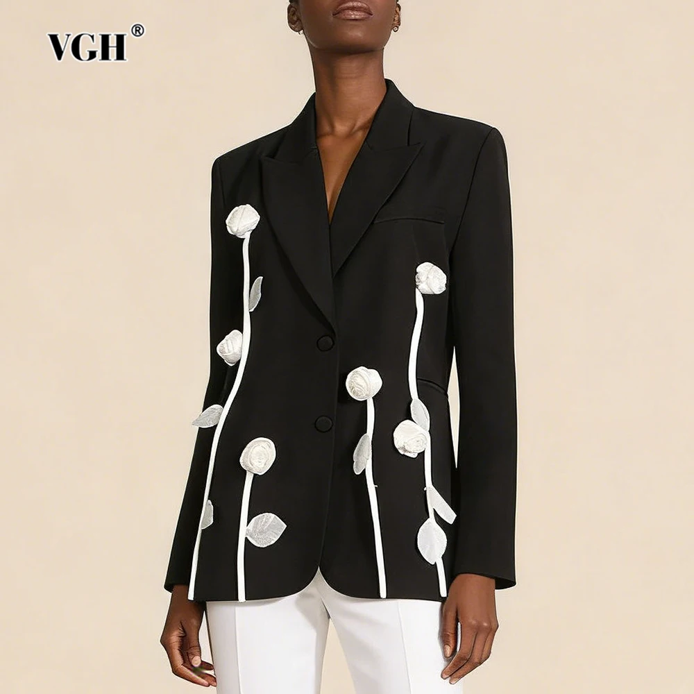 

VGH Design Sense Elegant Blazers For Women V Neck Long Sleeve Spliced Appliques Autumn Chic Commute Blazer Female Fashion New