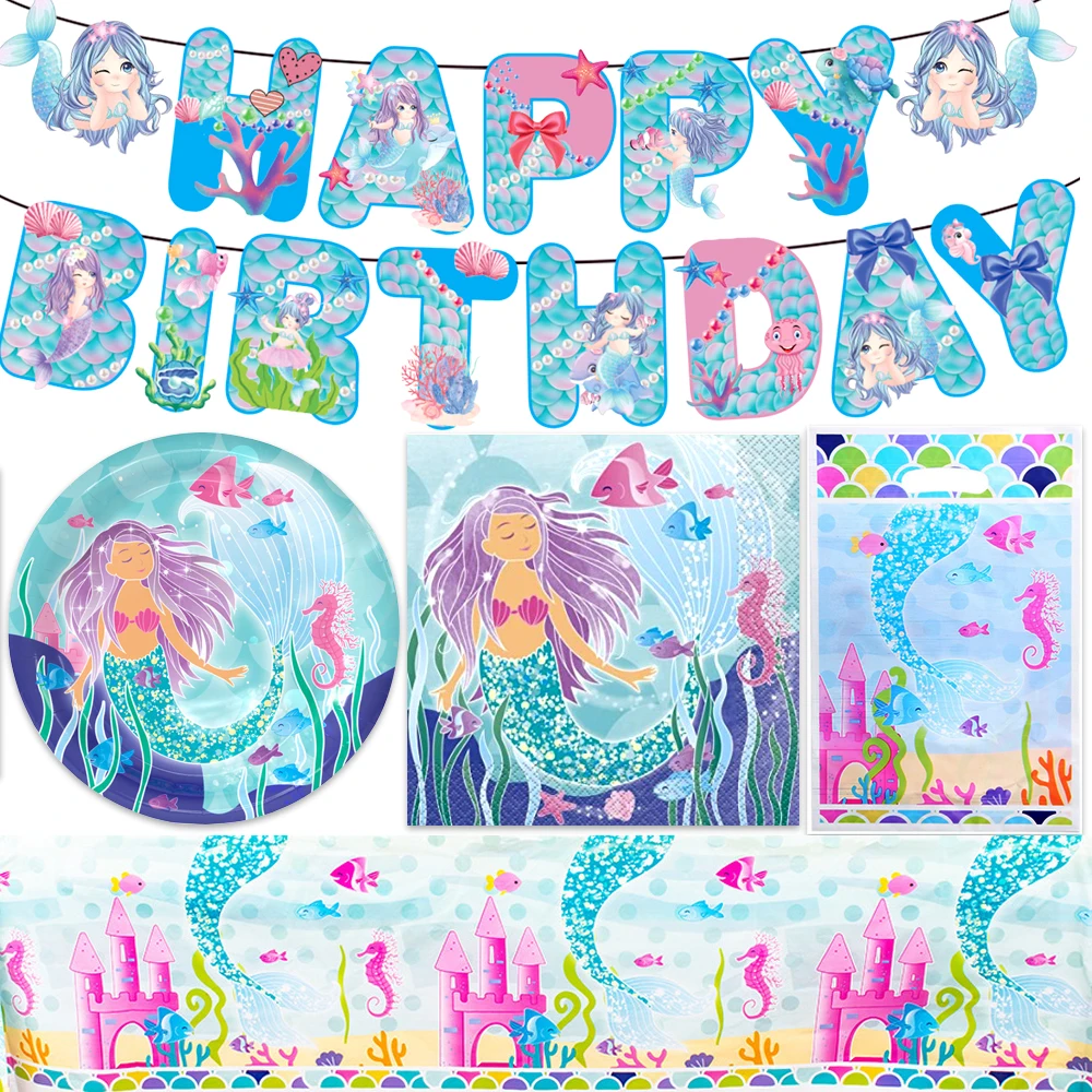 

76pcs/lot Mermaid Cartoon Theme Banner Happy Birthday Events Party Plates Decorations Gifts Bags Dishes Napkins Tablecloth