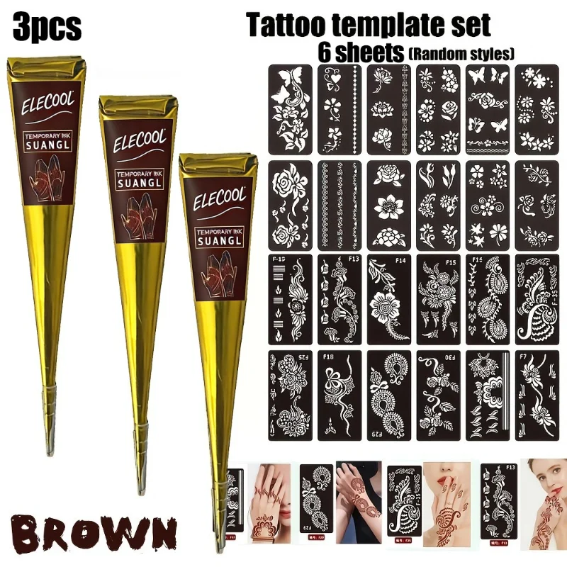 Semi Permanent Henna Paste 3 Set Brown Black with Stencil Body Paint Waterproof Gentle for Party Festival Cosplay Decor