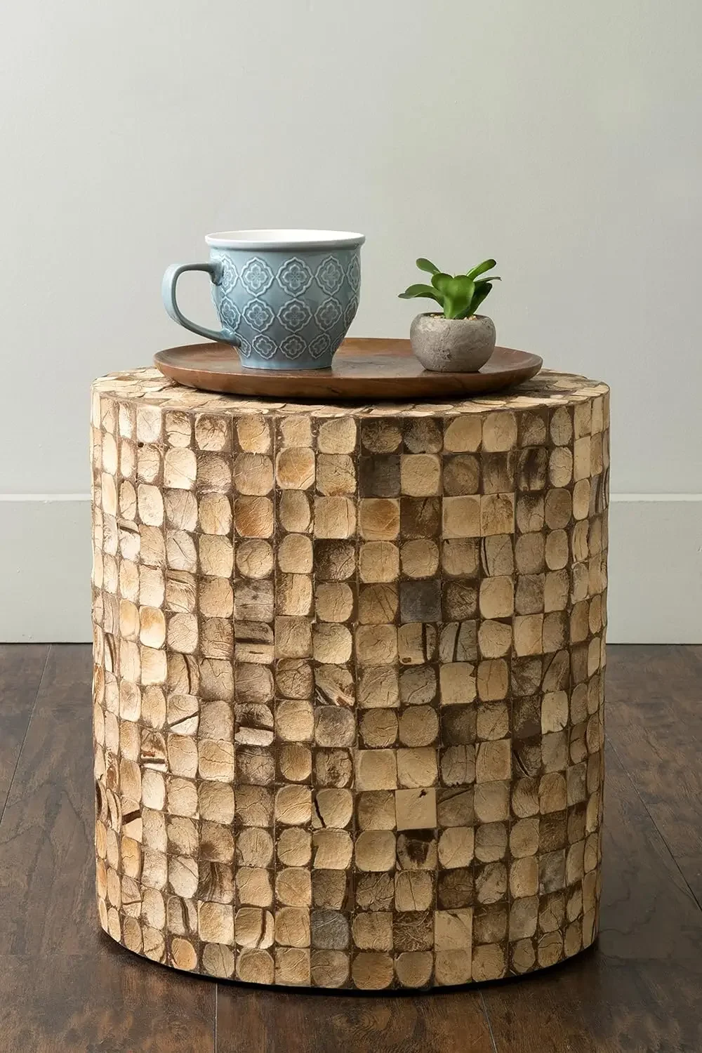 East at Main Round Side Table - Real Coconut Shell Mosaic Inlaid, Pre-Assembled, Natural Wood and Patina Finish (Brown)