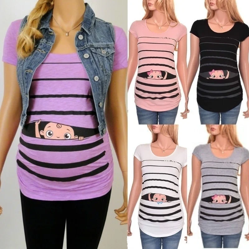 Summer Maternity Women Cute Funny Print T-shirt Pregnancy Wear Striped Cartoon Baby Short Sleeve T-shirt  Clothes for Pregnant