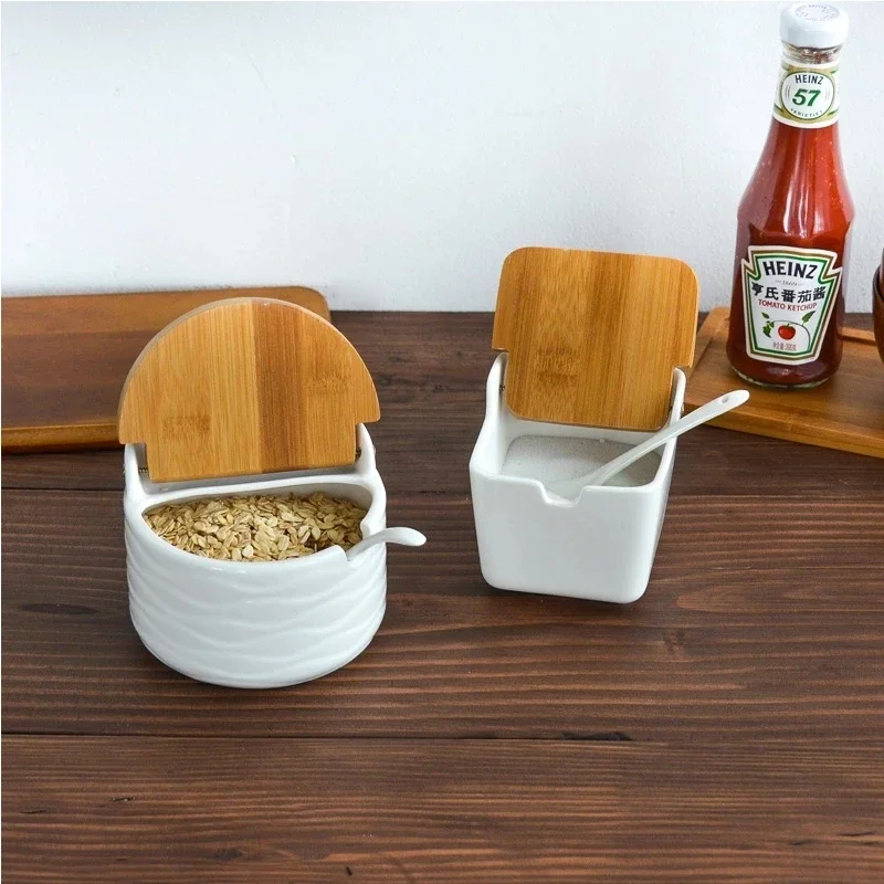 Ceramic Seasoning Rack Spice Pots Bowls with Spoon & Porcelain Box and Bamboo Cover - Storage Container Condiment Jars