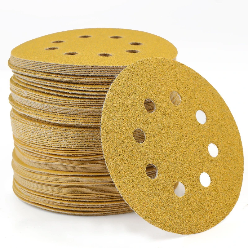100Pcs 5 Inch 8 Hole Sanding Discs, Hook and Loop Yellow Sandpaper 125mm Aluminum Oxide for Wood Metal Polishing Grinding