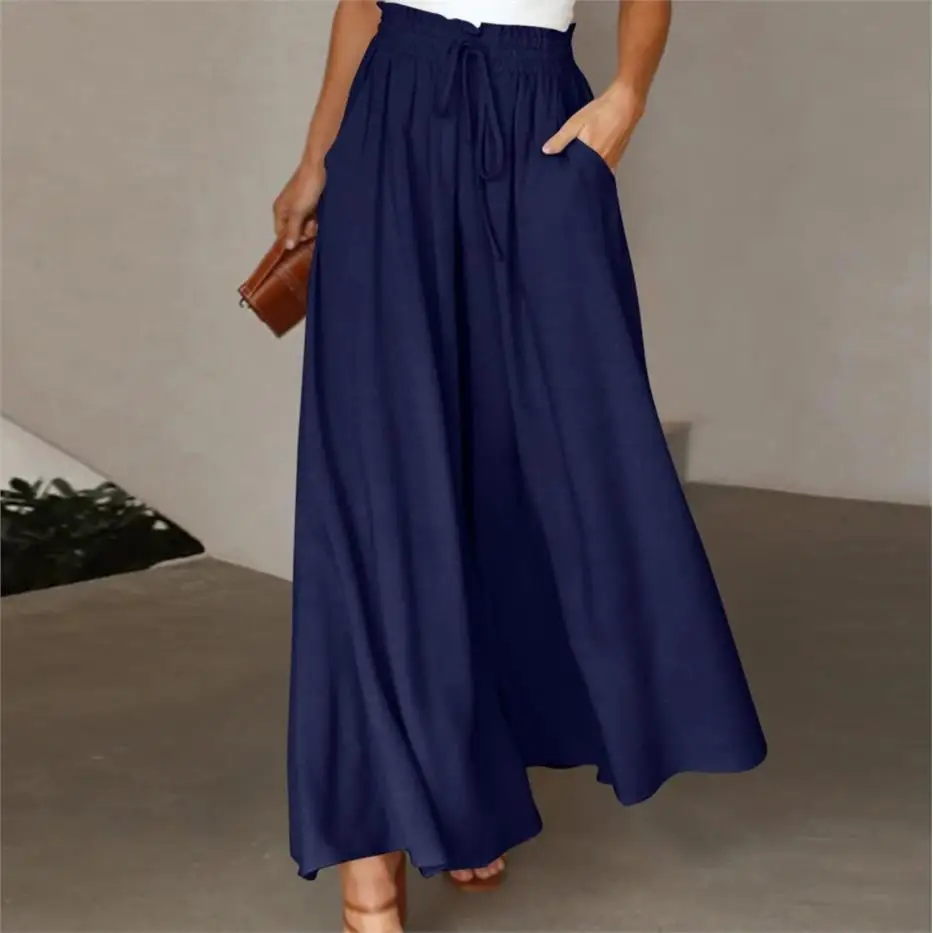 Women's High Waist Wide Leg Pants Elastic Belt Summer New Style Cleanfit Casual Trousers Cotton Material Mid-aged Suitable