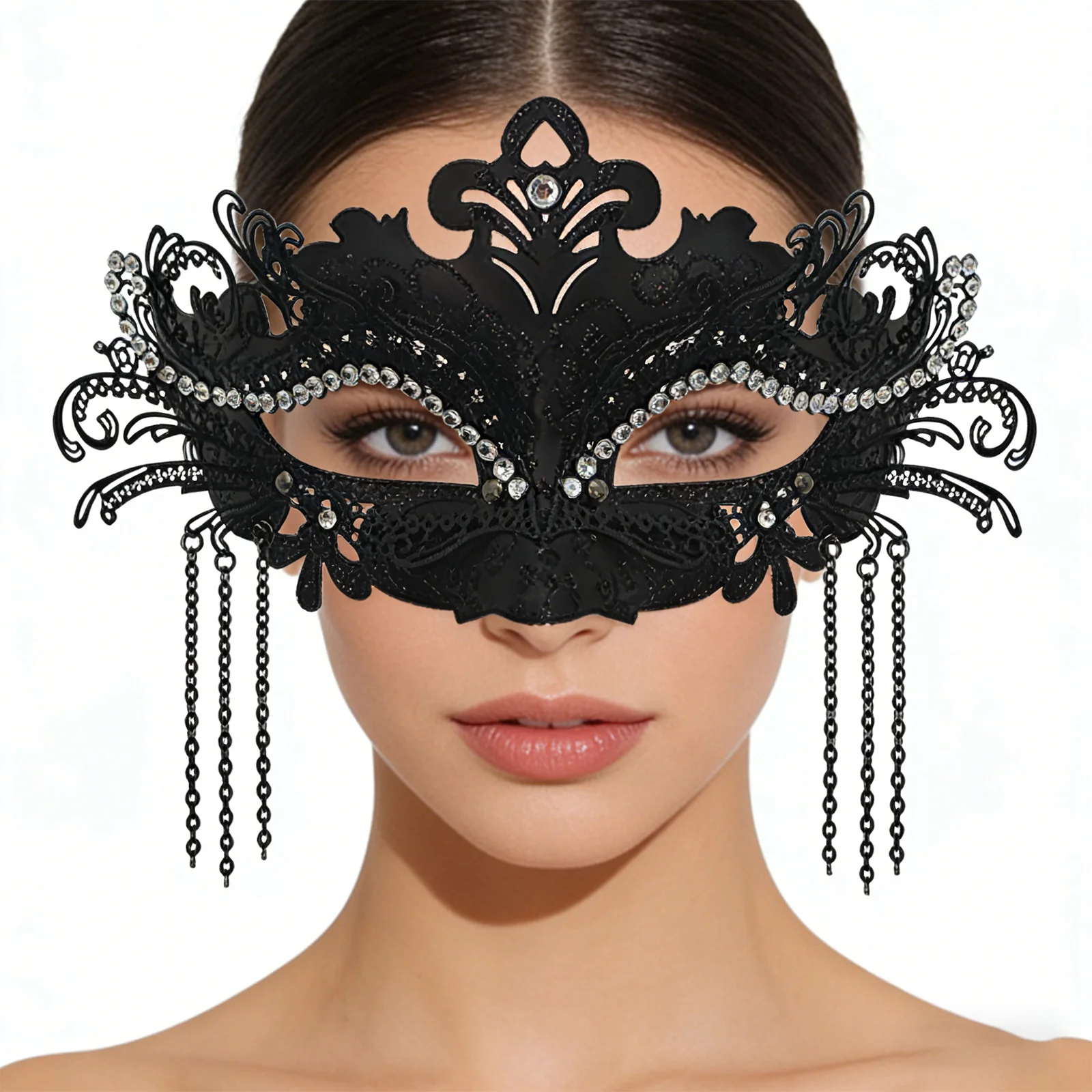 

Women Masquerade Mask with Elastic Band Rhinestone Metal Chain Decoration for Theme Party Costume Ball