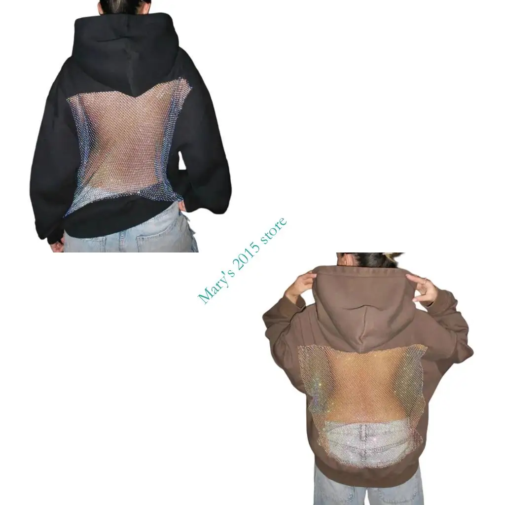 E15F 여성 캐주얼 크리스탈 메쉬 백 까마귀 경량 루즈 긴 소매 풀오버
