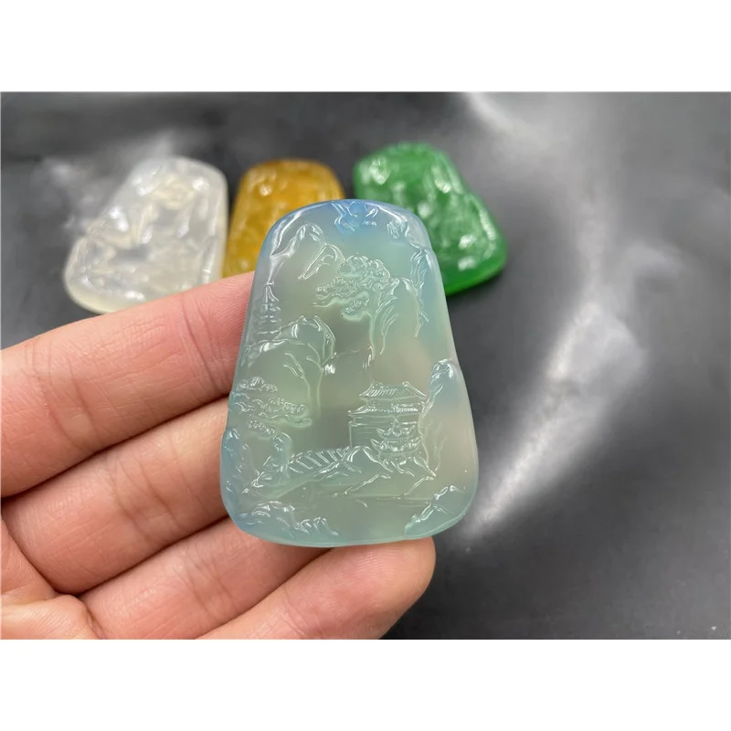 Cheap Jade Chalcedony Agate Landscape Brand Ice White Agate Trapezoidal Brand Green Landscape Pendant Jade pendant