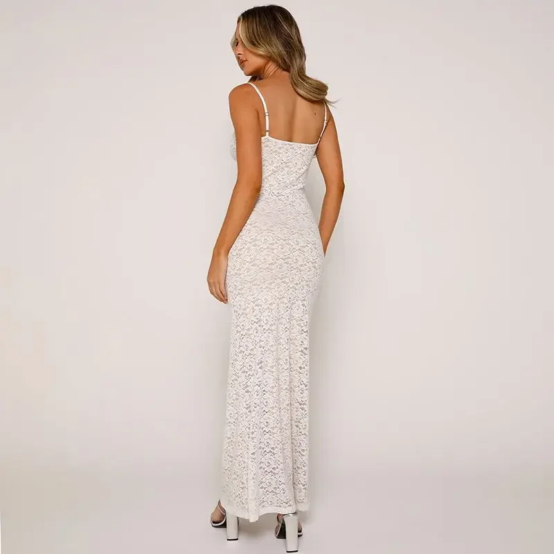 Sundress ผู้หญิง Hotsweet Hollow Out Sheer Slim ฤดูร้อน Long Low-cut Vestidos ยุโรปสไตล์ Chic เซ็กซี่สุภาพสตรี Elegant