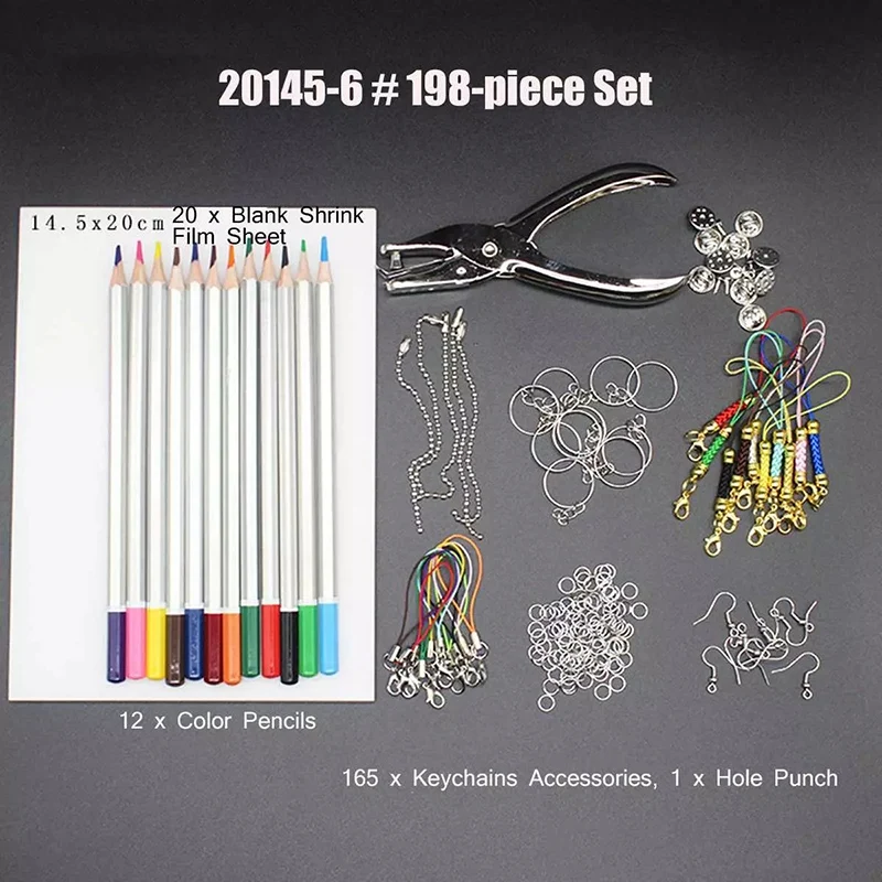 198 PCS Shrinky Art Paper Heat Shrink Sheet Plastic Kit Hole Punch Keychains Pencils DIY Drawing Art Supply