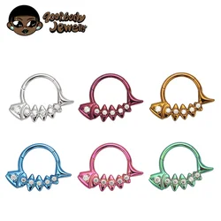 G23 Titanium Fishbone Spike Nose Ring Hinged Clicker Septem Piercing Gothic Zircon Anodized Segment Hoop Ring Daith Earring