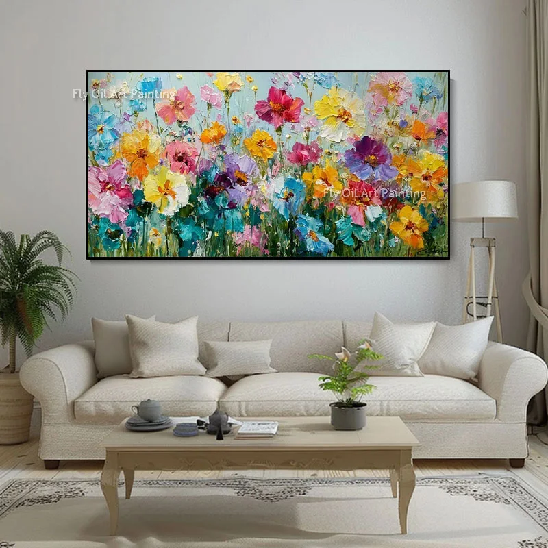 Large Pastel Knife Thick Canvas Floral Oil Painting Hand Painted Mixed Wildflower Garden Artwork Home Decor Items