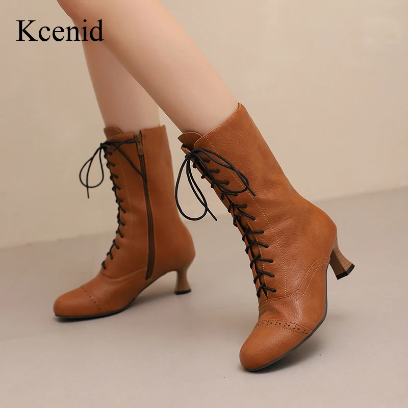 

Kcenid/Новые модные ботинки до середины икры с круглым носком на странном каблуке, женские пикантные зимние сапоги до середины икры на высоком каблуке со шнуровкой, современные ботинки в уличном стиле, размер 50.