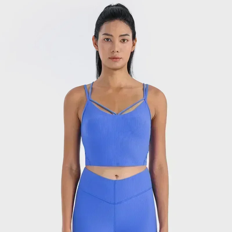 

Lemon Align Women Strappy Tank Yoga Sports Ribbed Vest With Chest Pad Sexy Thin Belt High Elastic Tight Running Sports Sling Bra