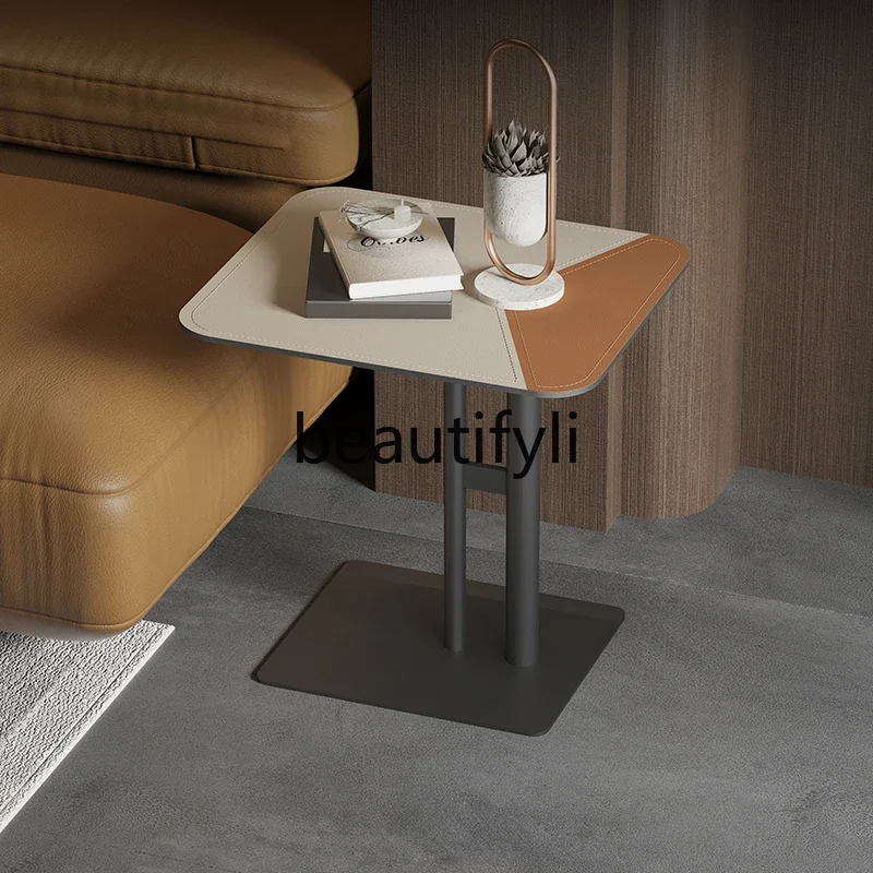 

Italian minimalist home living room small coffee table light luxury high-end saddle leather edge bedside table