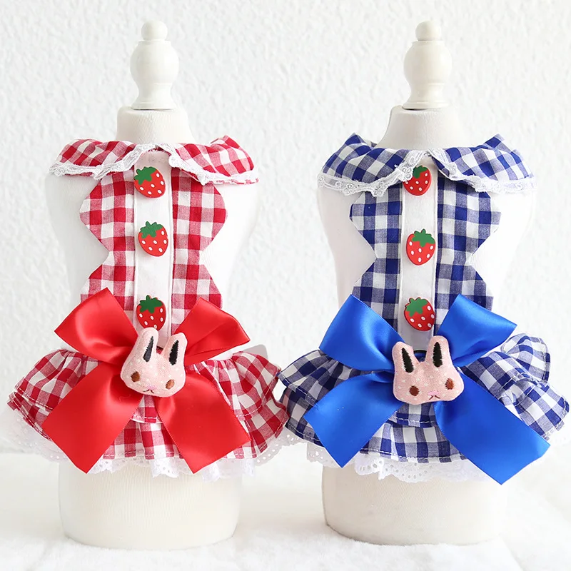 On Sale Strawberry Dog Apparel For Small Doggie Puppy Animal Pet Clothes Plaid Skirt Cotton Shirt Cat Dress Red M L XL Accessory