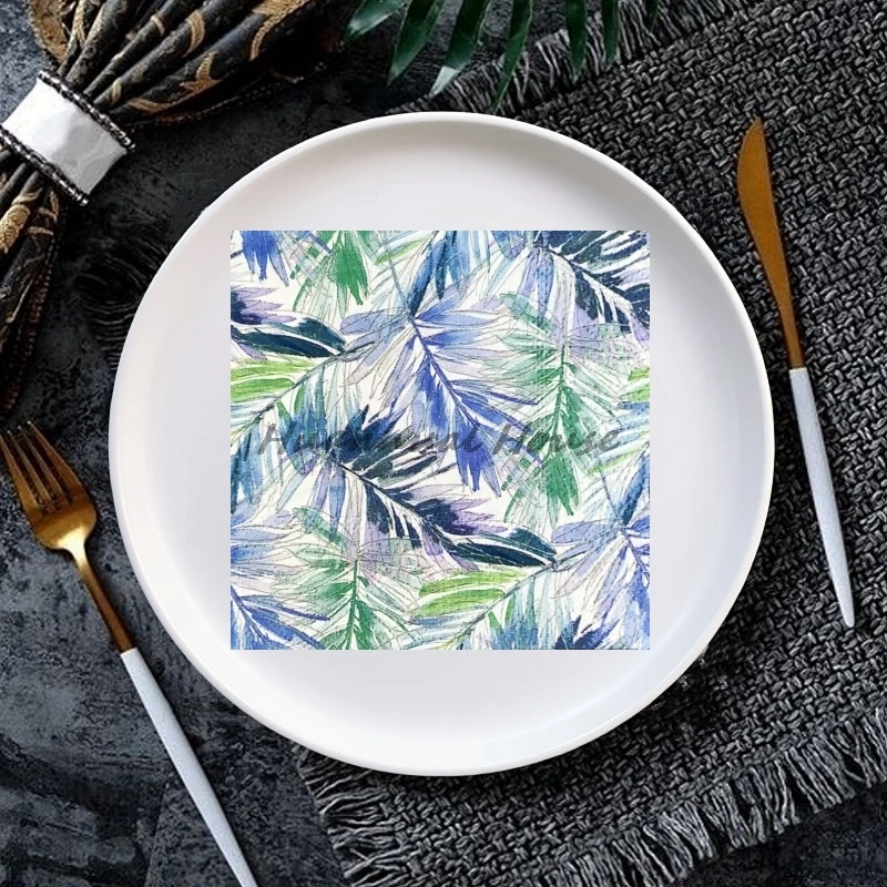 20Pcs/Bag Tropical Plants Decoupage Paper Blue Leaves Napkin Paper Tissues for Xmas Wedding Birthday Party Tableware 25x25cm